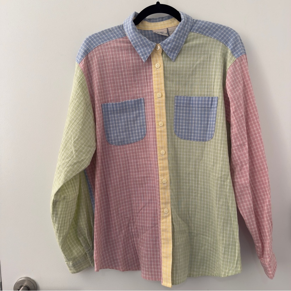 Vintage 1990s City Blues By Koret Pastel Button Up Down Shirt Blouse Size Large